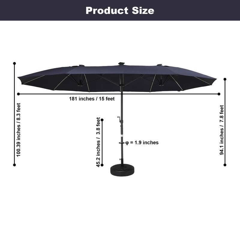 180'' x 108'' Rectangular Fiberglass Lighted Market Umbrella with Base