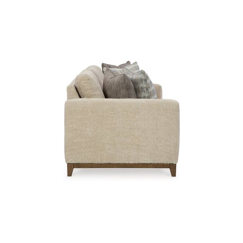 Klyn 93 Inch Sofa, 4 Accent Pillows, Faux Wood Feet, Beige Polyester