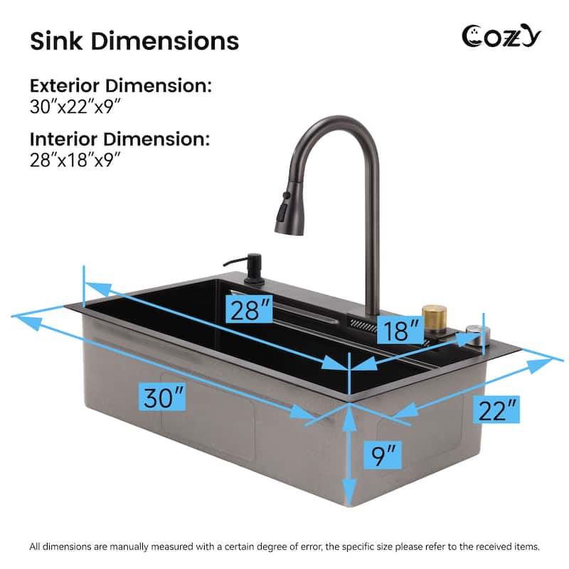 Black 30 Inch Single Bowl Stainless Steel Base Kitchen Sink with Pull-Out Faucet, Cutting Board, Nested Basin