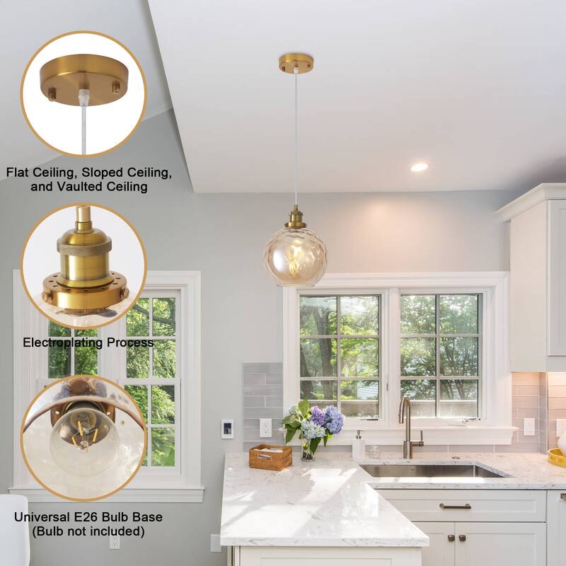 1-Light Glam Modern Metal Hanging Foyer Pendant Light with Glass Shade for Kitchen Island