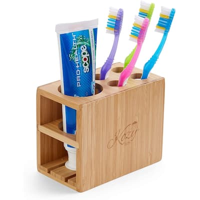 Kozy Bath Toothbrush and Toothpaste Holder Stand for Bathroom Vanity Storage, Bamboo, 5 Slots - Natural Bamboo - N/A