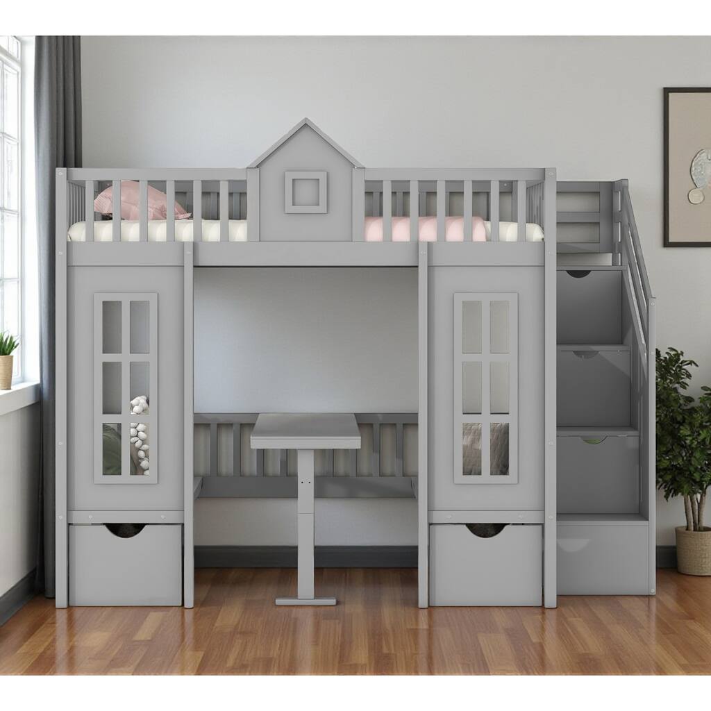HomeRoots Gray Twin Over Twin Solid Wood Bunk Bed With Stairs And Desk And Drawers And Storage