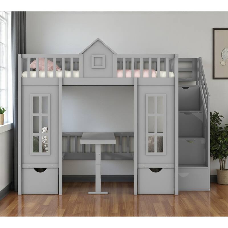HomeRoots Gray Twin Over Twin Solid Wood Bunk Bed With Stairs And Desk And Drawers And Storage - Gray - 93.10 in. x 77.25 in. x 42.10 in.