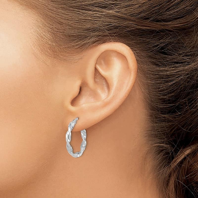 Curata 14k White Gold Polished and Textured 22.2x3mm Twisted Hoop Earrings