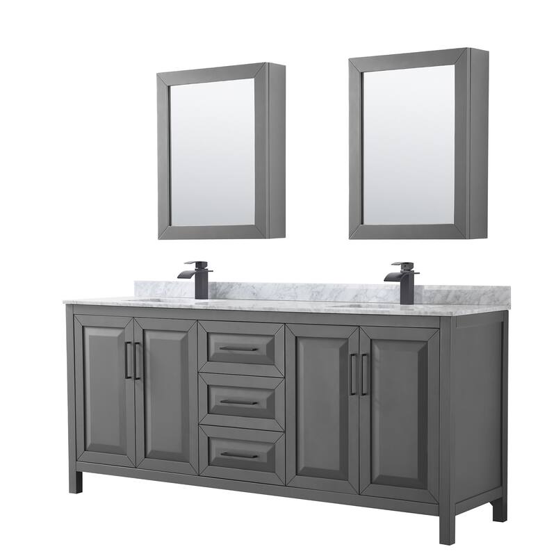 Wyndham Collection Daria 80" Free Standing Double Vanity Set with MDF - Dark Gray / White Carrara Marble Top / Matte Black - Steel Finish
