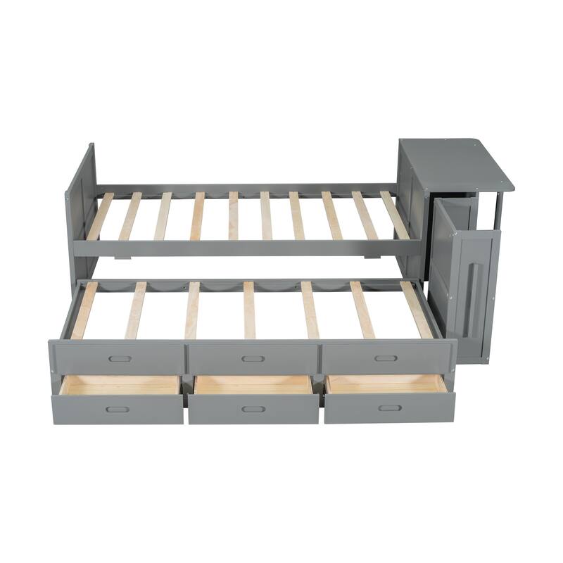 Twin Wood Platform Bed with Pull-Out Trundle, Built-in Desk, End Storage Shelf & 3 Drawers, for Kids or Teens