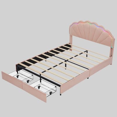Princess Platform Bed with Smart LED Light, Full Size Upholstered Bed with Storage and Double Petal Headboard