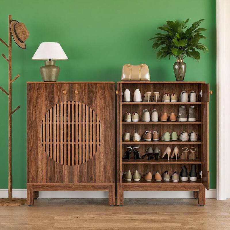 Brown Rustic 5-Tier Shoe Cabinet with Adjustable Shelves and Louvered Doors - 28.7 x 13.8 x 39.8 in - Brown