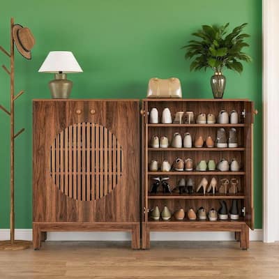 Brown Rustic 5-Tier Shoe Cabinet with Adjustable Shelves and Louvered Doors - 28.7 x 13.8 x 39.8 in