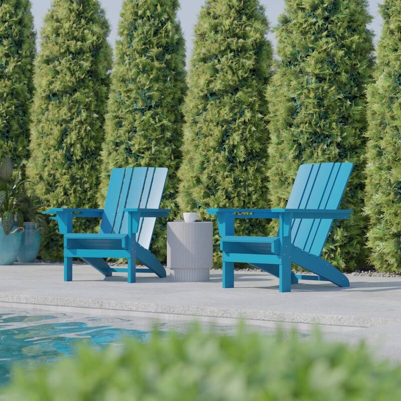 Set of 2 Commercial All-Weather Adirondack Chairs with Cupholders