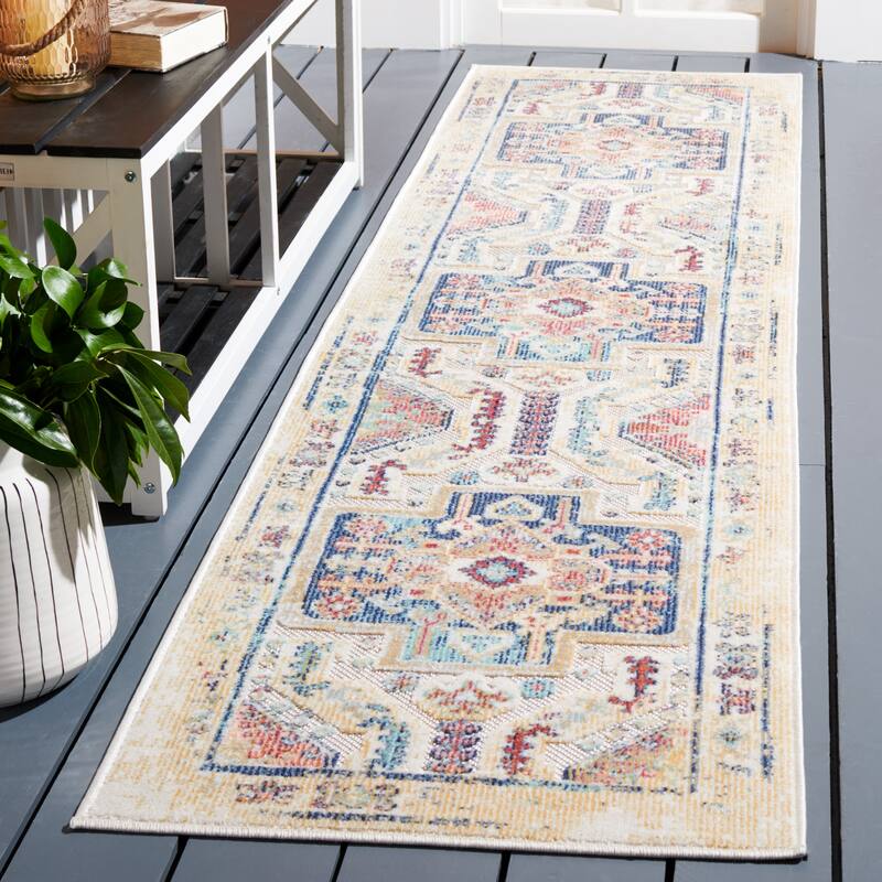 SAFAVIEH Cabana Gaudencia Indoor/ Outdoor Boho Medallion Rug - 2'2" x 9' Runner - Navy Aqua/Ivory