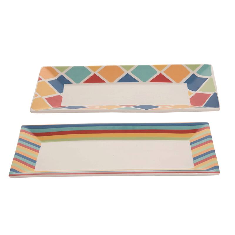 Transpac Dolomite 14.75 in. Multicolor Spring Striped Platter Set of 2