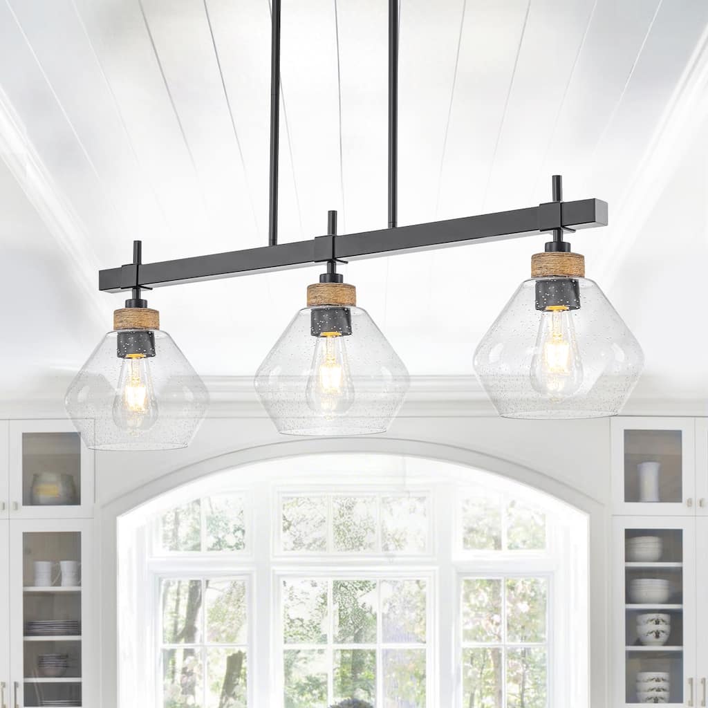3 Light Black Linear Kitchen Pendant Light Clear Seeded Glass Shades - W 33.46-in