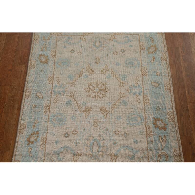 Hand Knotted Oriental 100% Wool Carpet Transitional Geometric Beige & Ivories Oushak Area Rug - 3' 11'' X 2' 11''