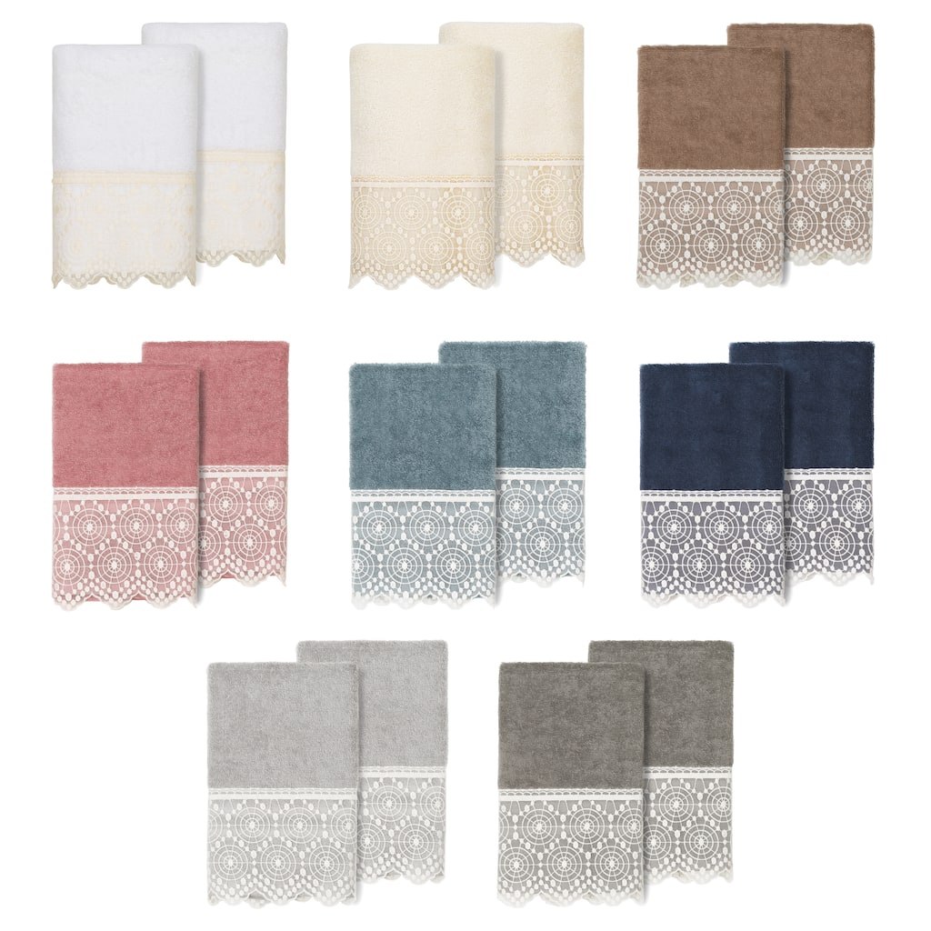 Authentic Hotel and Spa 100% Turkish Cotton Arian 2PC Cream Lace Embellished Hand Towel Set