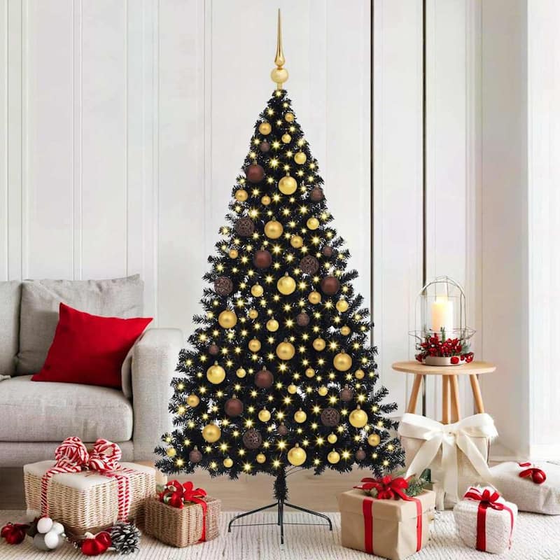 vidaXL Christmas Tree with Decorative String Lights - Black with LEDs and gold/bronze balls - 6 Foot