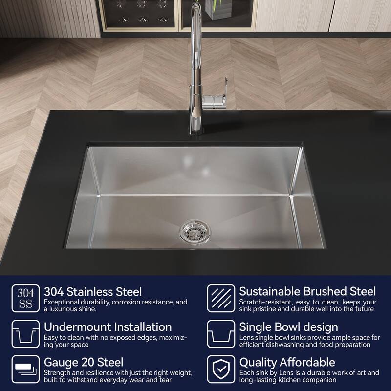 Dark Gray 30 Inch Single Bowl Undermount Kitchen Sink 304 Stainless Steel Brushed Finish with Grid Drain - 30" L × 19" W × 10" H