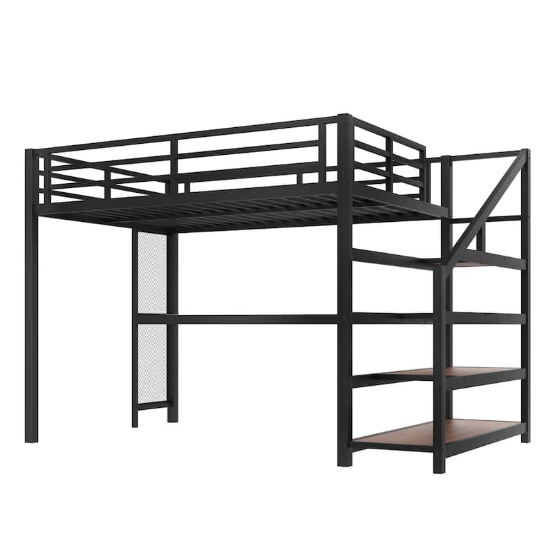 Full Loft Bed with Desk and Storage Stairs, Metal Loft Beds with LED Lights, USB Ports, Multifunctional Iron Nets
