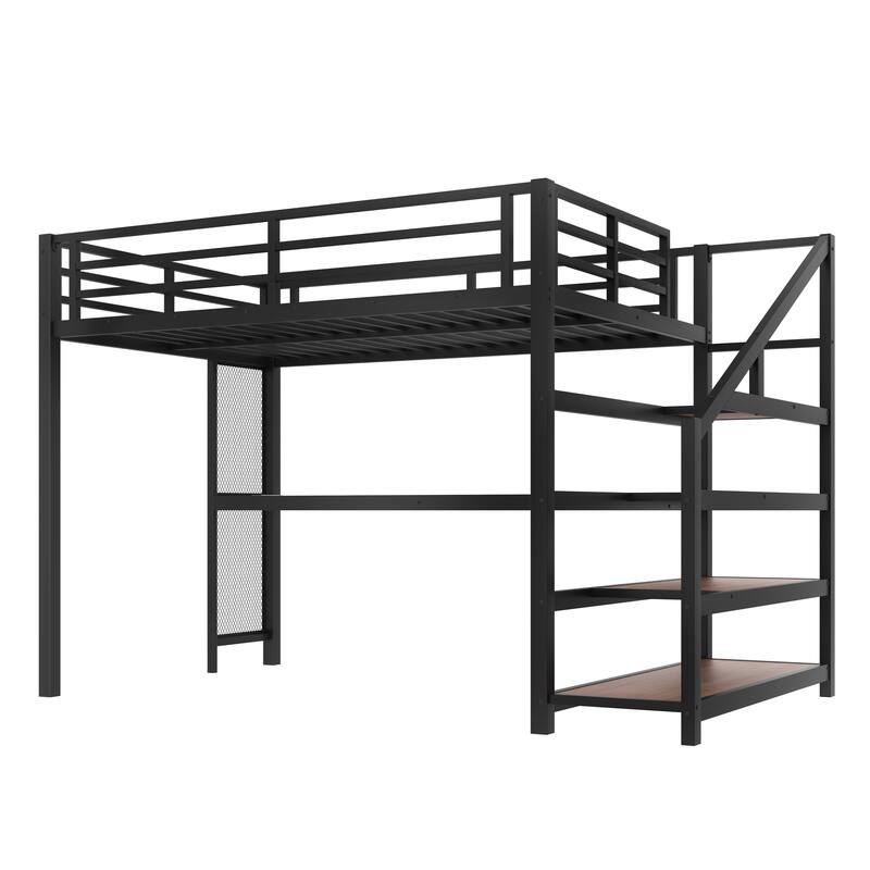 Space-Saving Full Size Loft Bed for Bedroom or Dorm with Desk, Storage Stairs, LED Lights, Charging Station and Net Board
