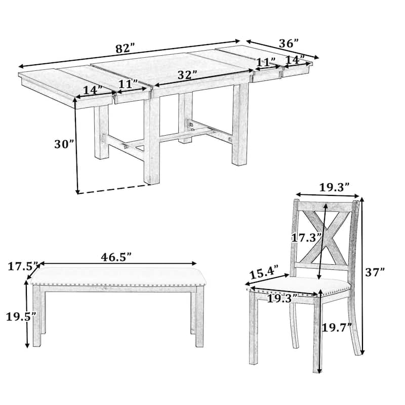 6-Piece Wooden Dining Table Set with Extendable Table & 4 Chairs & Bench
