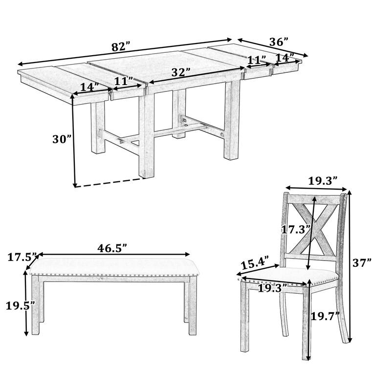 Farmhouse 6-Piece Wooden Dining Table Set with Extendable Table & 4 Chairs