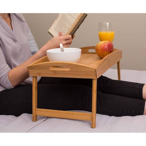 BirdRock Home Bamboo Bed Tray Wooden Curved Sides Breakfast Serving Tray with Folding Legs Natural