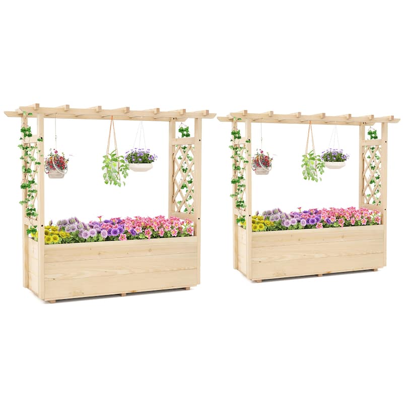 Gymax 2PCS Wooden Raised Garden Bed/ Lattice Trellises Hanging Roof - Natural