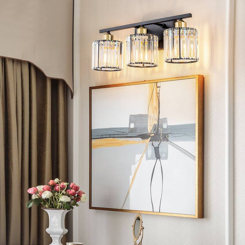 Starsky 3-Light 19inch Modern Bathroom Glass Crystal Vanity Light Wall Sconces - BlackGold