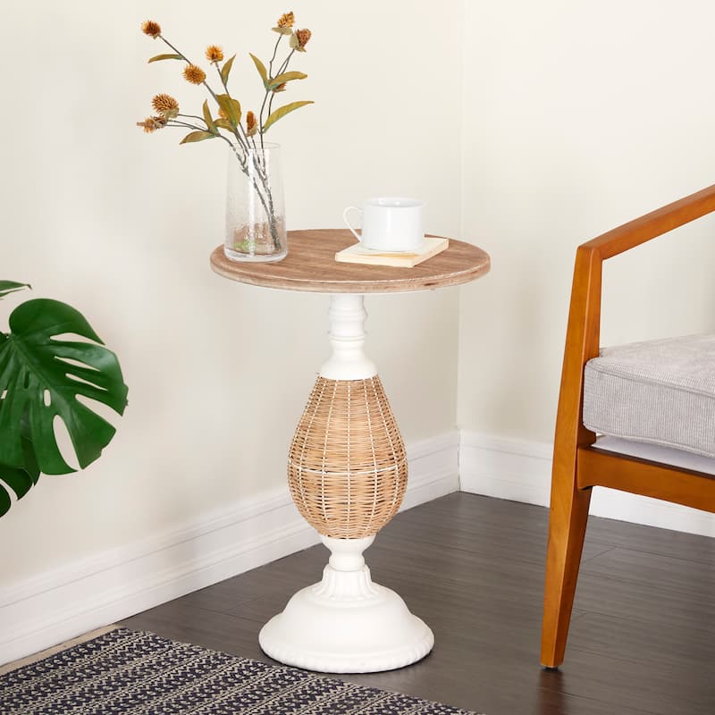 Brown or White Wood Farmhouse Accent Table with Black Metal and Rattan Base - 15"L x 15"W x 22"H