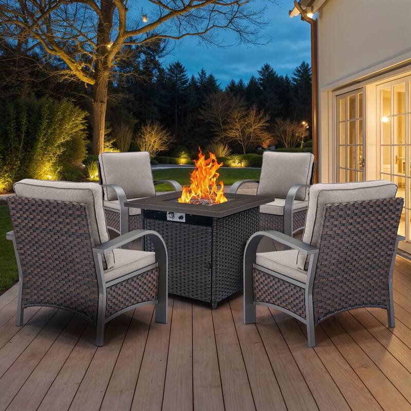Outdoor Fire Pit with Funiture Set - Brown Rattan - Beige Cushion - 5PC-Patio Chair w/ Rattan Fire Table