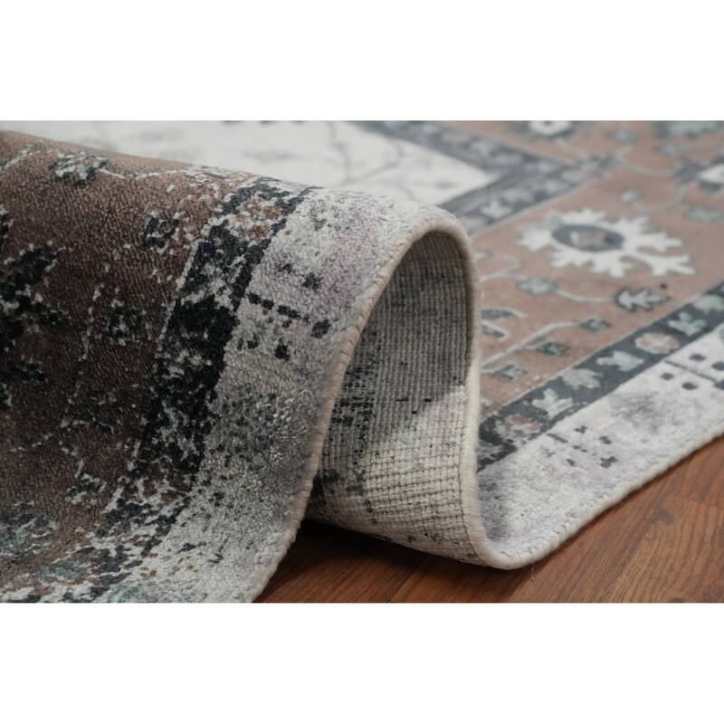 Hand Knotted Oriental Viscose Silk Carpet Traditional Floral Beige & Ivories Tabriz Area Rug - 7' 10'' X 5' 0''