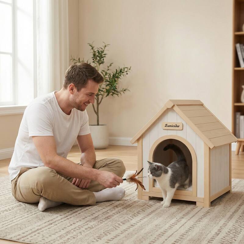 Modern Indoor Wooden Dog House with EVA Cushion, Solid Cedar Pet House for Small Dogs & Cats