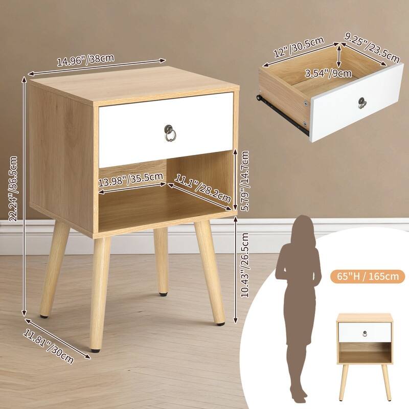 15.0" White & Oak Nightstand, P2 Particleboard & Solid Legs, Matte Melamine, Ring Handle, 1 Drawer