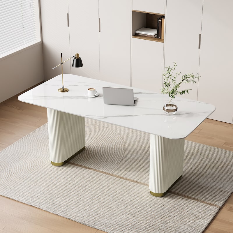 63" Modern White Writing Table, Retacgular Desk With Glossy Sintered Stone Table Top, Double Roman Column Legs