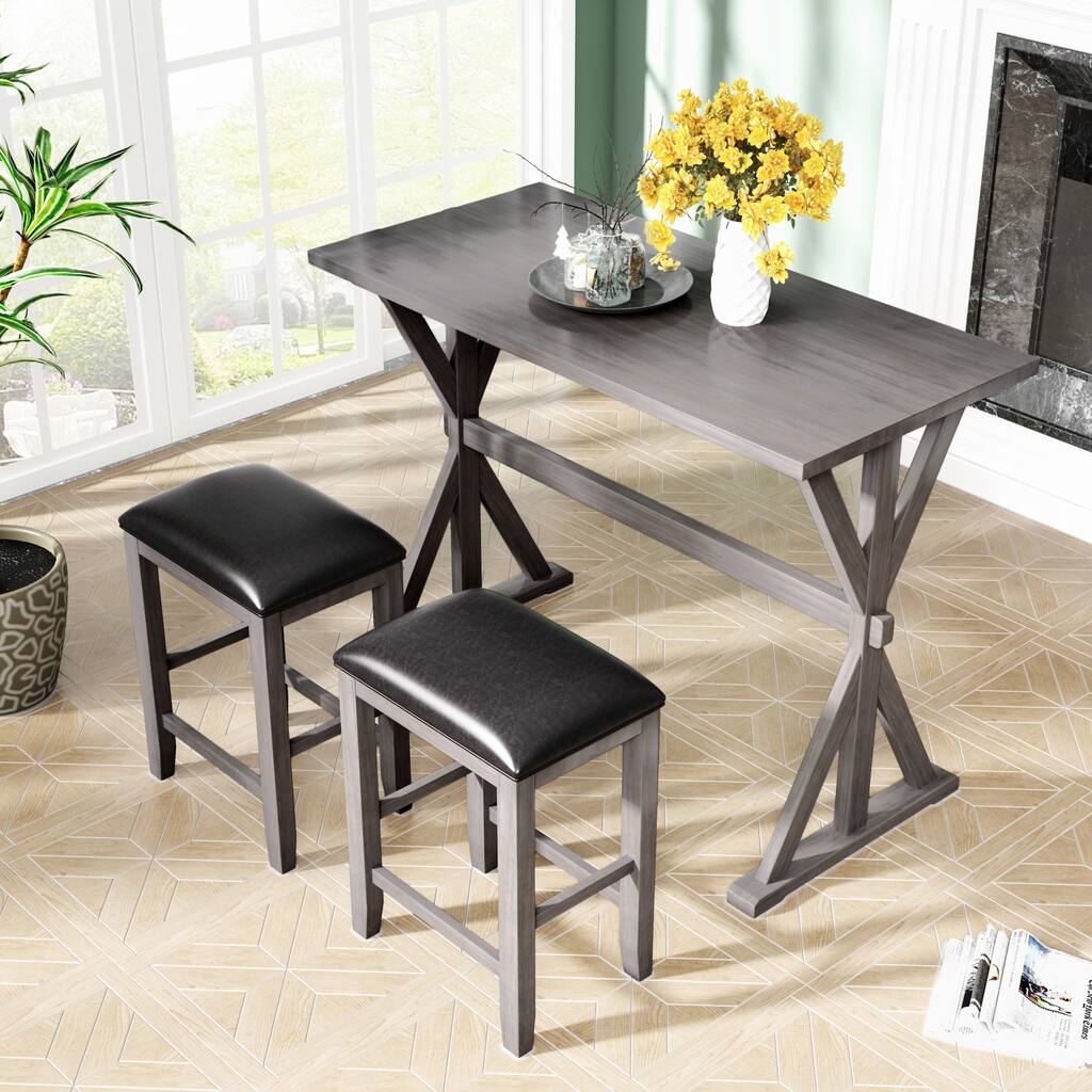 Wood Kitchen Dining Table Set with 2 Stools