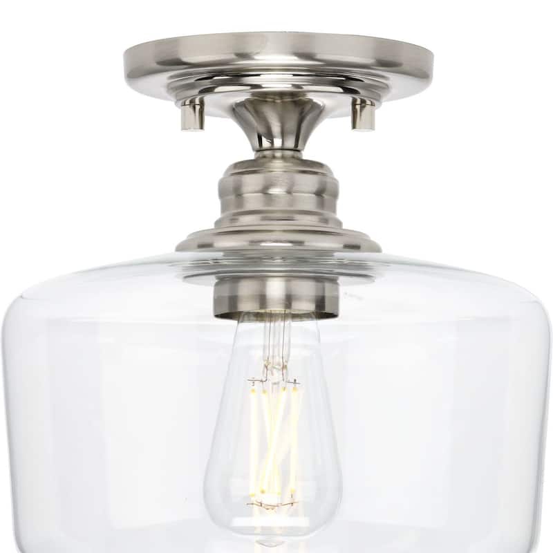 Aiken Collection One-Light Brushed Nickel Clear Glass Farmhouse Flush Mount Light - 9 in x 9 in x 9 in