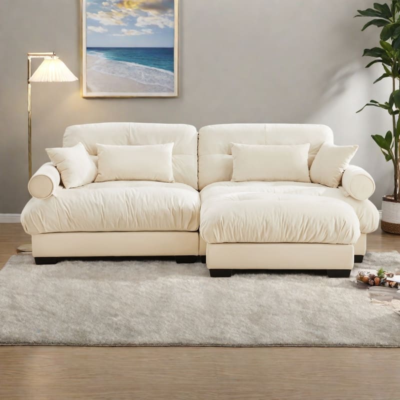 93.7" Oversized Velvet 2-Seater Sofa with Ottoman, Round Bolster Armrests, and Included Pillows - Cream
