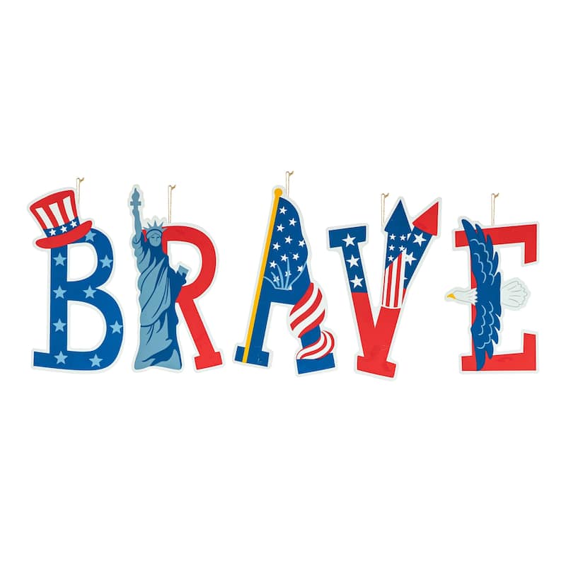 Glitzhome Set of 5 Patriotic/Americana BRAVE Yard Stake or Wall Decor
