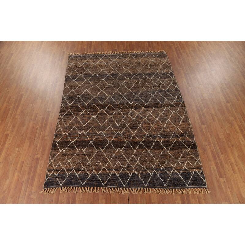 All-Over Brown Moroccan Area Rug Hand-Knotted Wool Carpet - 8'1" x 10'11"