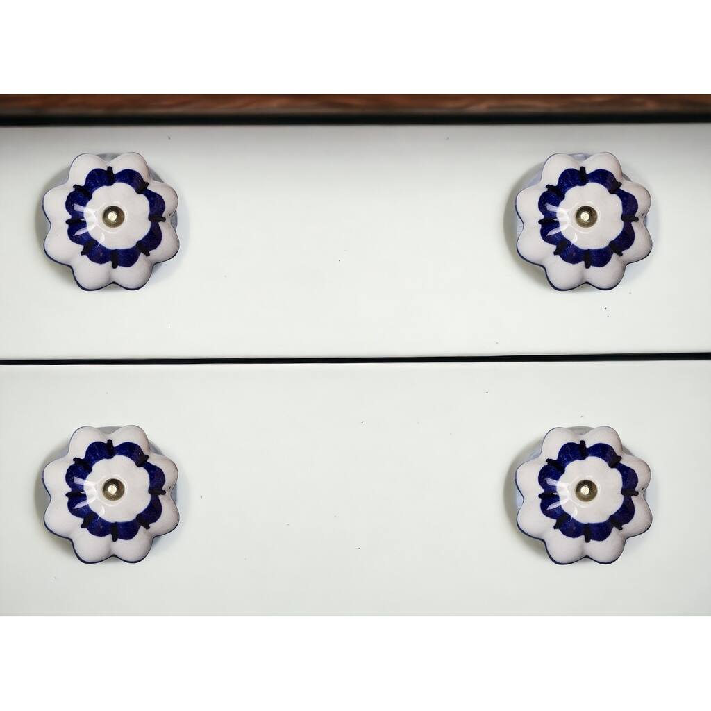 HomeRoots Set of Eight Blue And White Ceramic And Metal Drawer Pull Knobs - 1.5' X '1.5' X '1.5