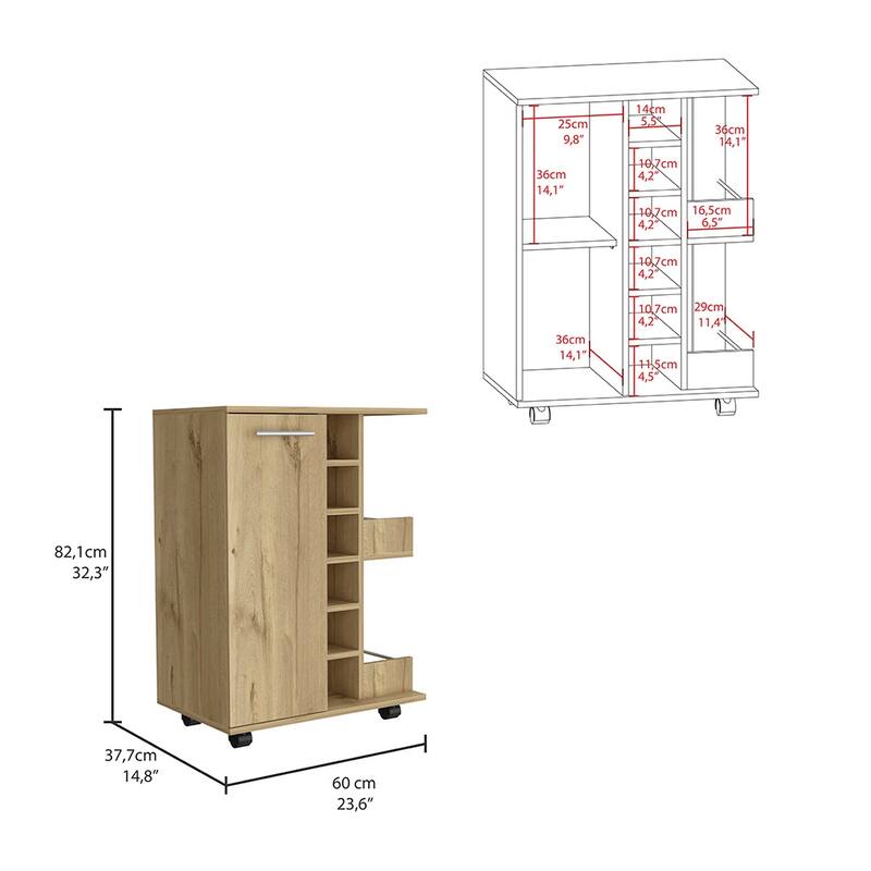 Bar Cart, Four Casters, Six Wine Cubbies, Single Door Cabinet