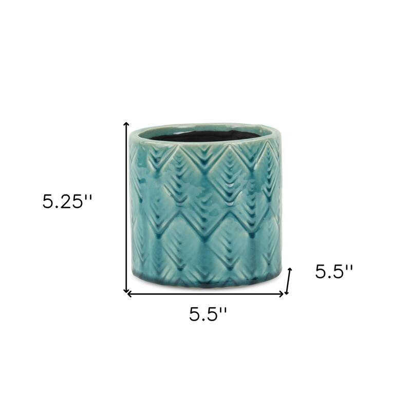 HomeRoots Turquoise Ceramic 22 Ounce Geometric Round Distressed Pot Planter - 5.50 in. x 5.25 in. x 5.50 in.