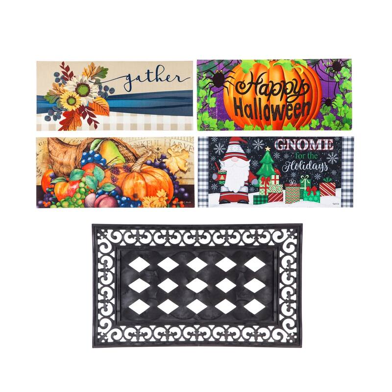 Sassafras Fall Holiday Set of 5 Door Mats with Rubber Display Frame, Collection #8 - Multi-Color