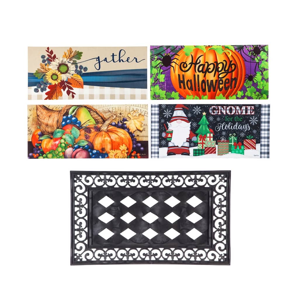 Sassafras Fall Holiday Set of 5 Door Mats with Rubber Display Frame, Collection #8 - Multi-Color