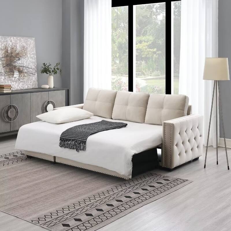 Morden Fort Reversible L-Shaped Sofa Bed with Storage - Velvet Upholstery, Button Tufting, and Nailhead Trim