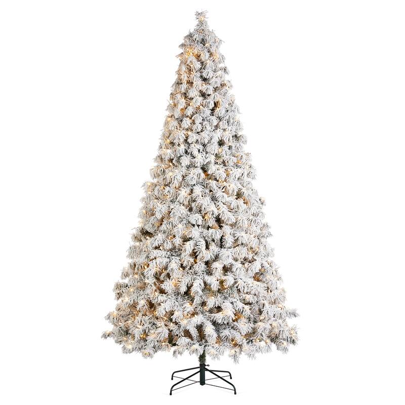 Glitzhome 6FT/7.5FT/9FT/11FT Snow Flocked Pre-lit Artificial Fir Christmas Trees