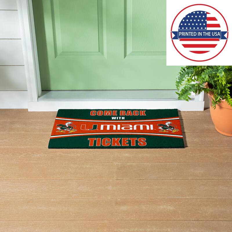 University of Miami 28 in. x 16 in. PVC "Come Back With Tickets" Trapper Door Mat