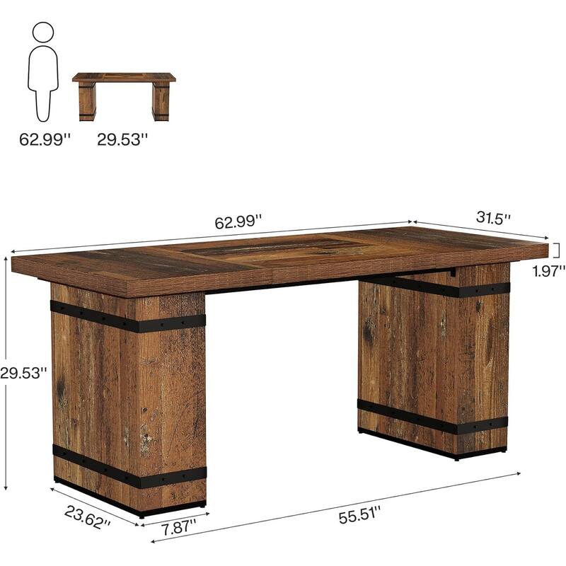 63-Inch Executive Desk, Farmhouse Home Office Desk with Heavy Duty Base