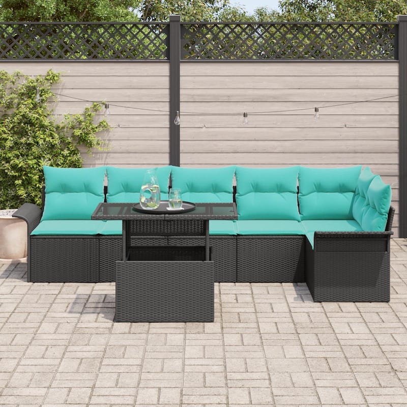 vidaXL 7 Garden Sofa Set with Cushions Black/Brown/Grey Poly Rattan - 92.1 x 52.2 x 27.2