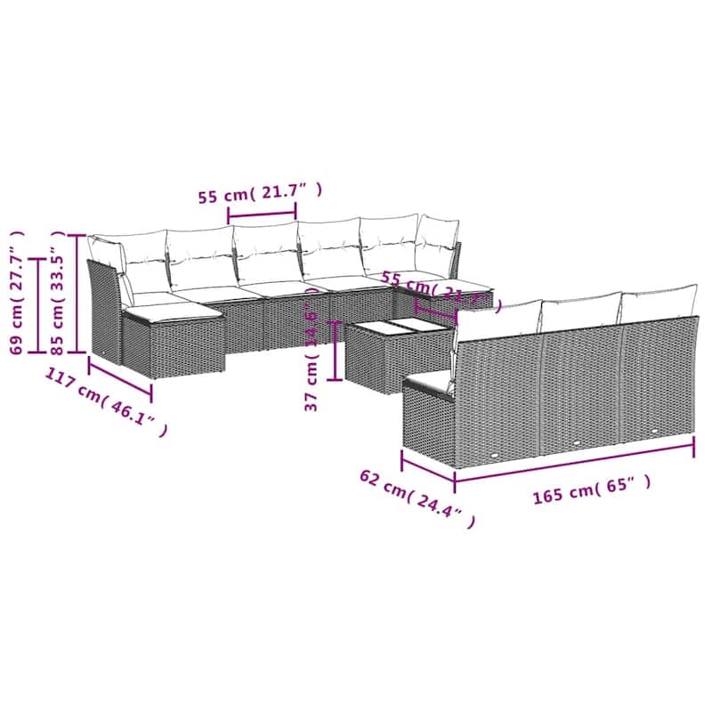 vidaXL 10/11 Piece Patio Sofa Set with Cushions Black/Brown/Gray Poly Rattan - 21.7 x 24.4 x 27.2